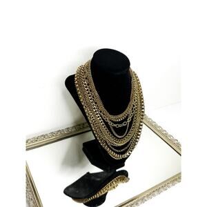 Unsigned Gold Tone Collar Bib Necklace Large Chain Link Multilayer